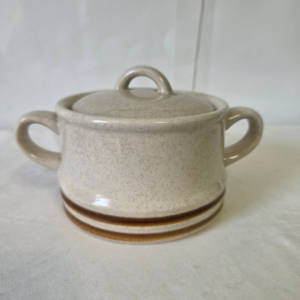 Suncraft Stoneware Sugar Bowl with Lid Cream Brown Striped Japan Vintage MCM